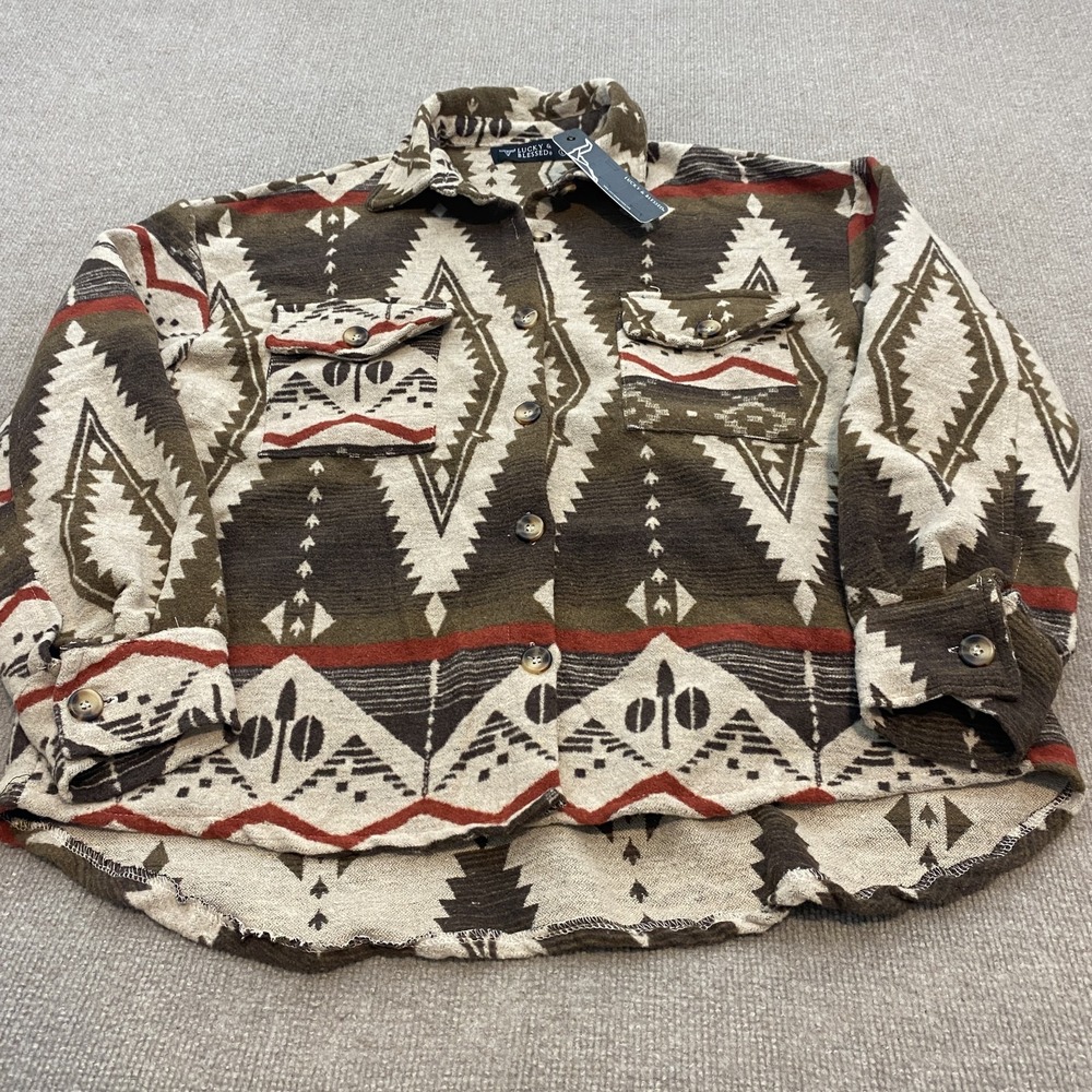 Lucky & Blessed Jacket Womens Large Beige Aztec Fleece Button Front Boho Western